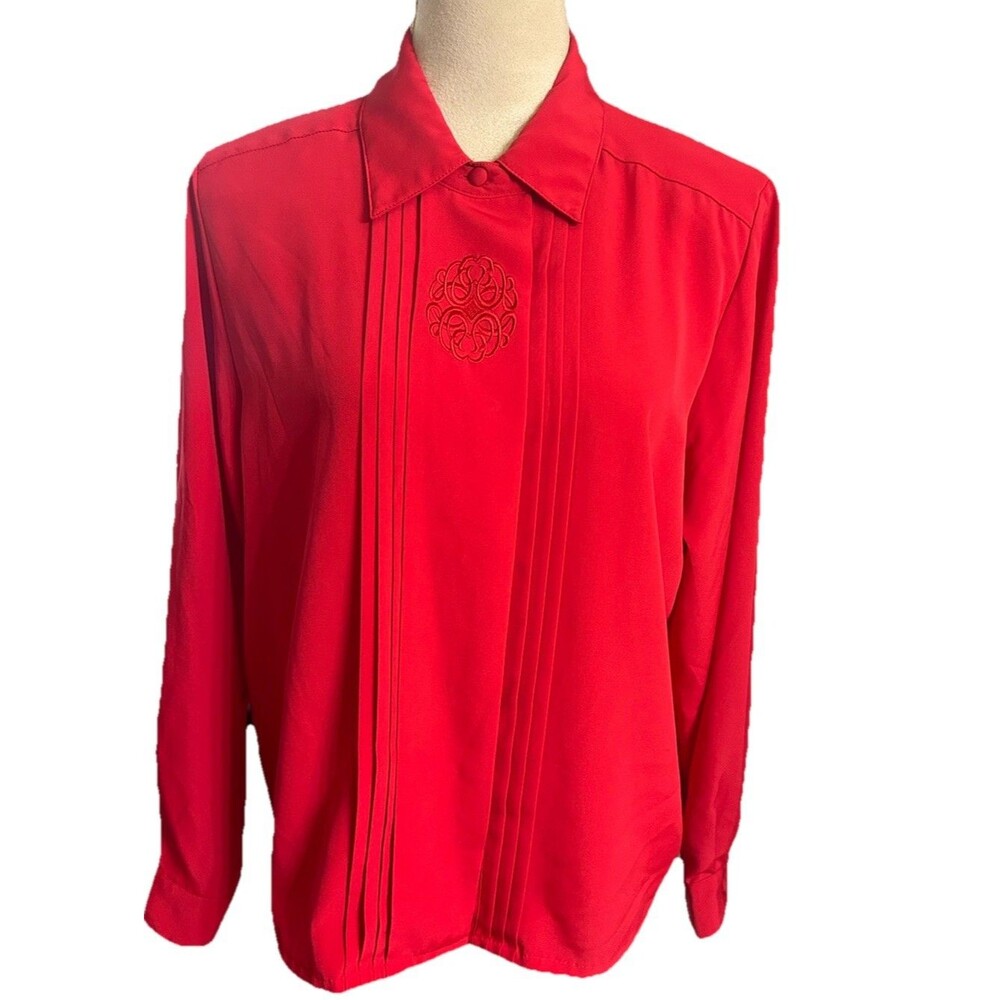 Vintage YVES ST CLAIR  14P Red Embroidered Pleated Button Up 80s 90s Career Top